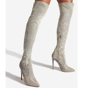 SEXY!!! Silver 4.75” Thigh High High Heeled Boots. Size 12.